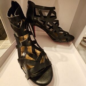 Fergalitious Fergie Womens Black Faux Leather Laser Cut Heels Size 10 red bottom